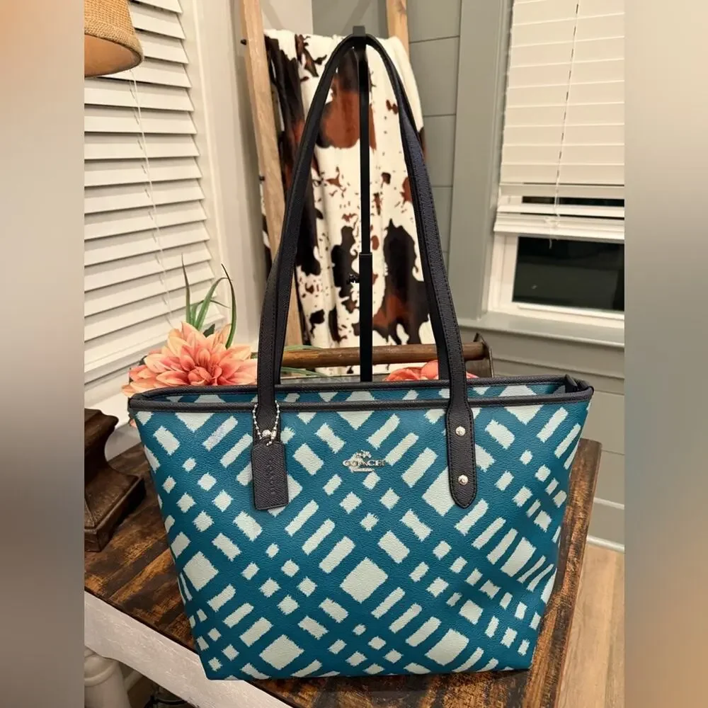 Coach City Teal Plaid Women's Tote